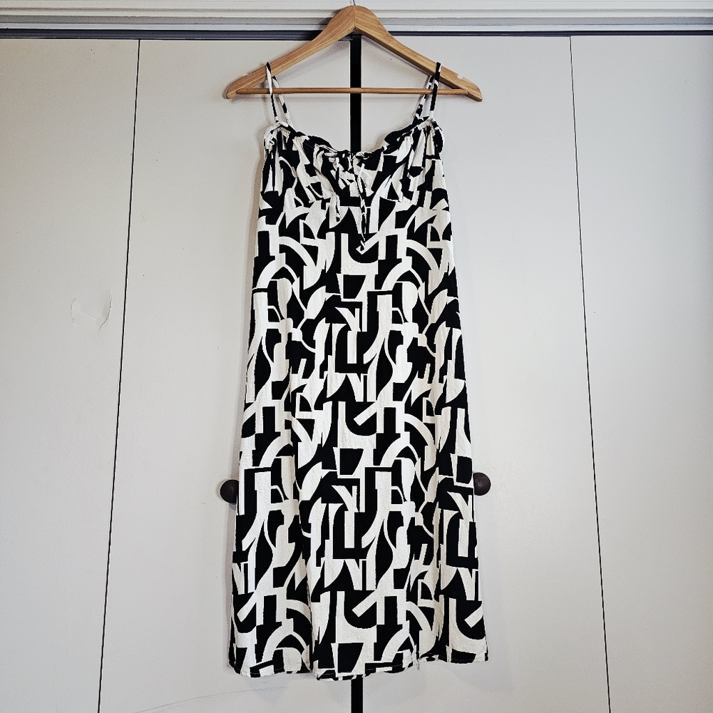 Monteau Los Angeles | Abstract Black Cream Linen Gathered Bust Midi Dress Medium
